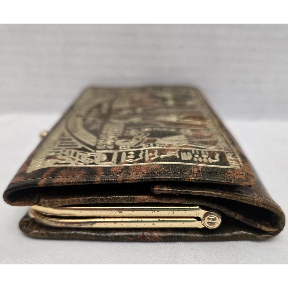 Vtg 70s Egyptian Camel Leather Trifold Wallet Purse Gold Embossed Pharaonic Art - Picture 6 of 13